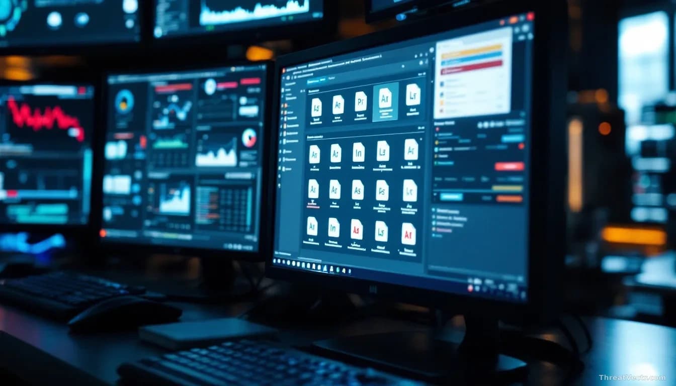 Multiple computer workstations in a network showing real-time system monitoring dashboards, with one screen displaying Adobe file icons being deployed across co