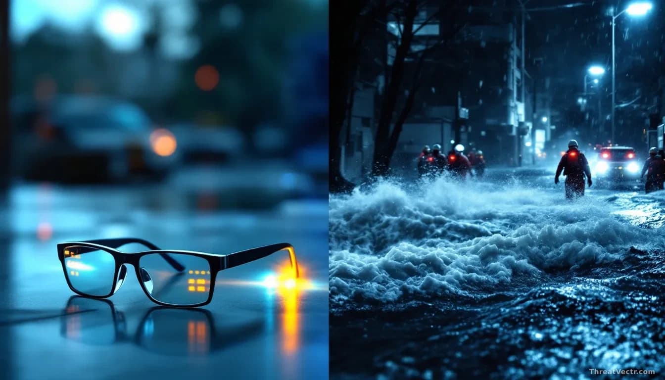 A contrast split-screen scene: on one side, modern smart glasses resting on a surface with privacy-indicator lights, on the other, stormy flood waters and rescu