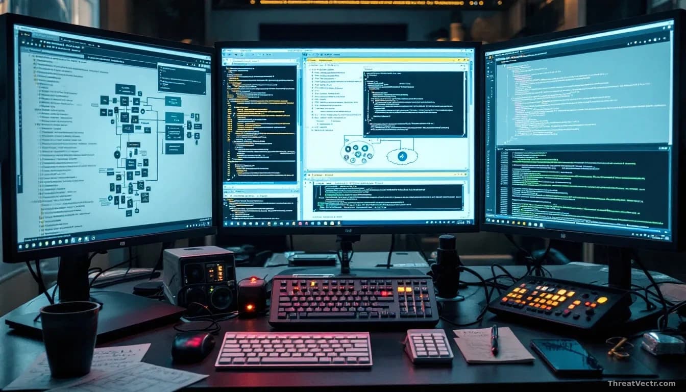 A laboratory workstation displaying overlapping terminal windows and code logs, with tangled network diagrams and security test frameworks visible on multiple m