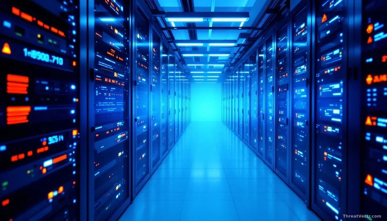 A business telephone system data center with Sangoma equipment racks, security alerts visible on monitoring stations indicating unauthorized code execution atte
