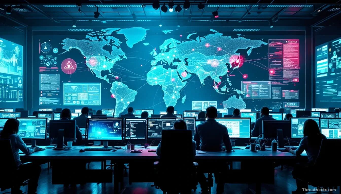 A multinational cybercrime task force headquarters with computers displaying botnet network topology maps, infected nodes being systematically disconnected and