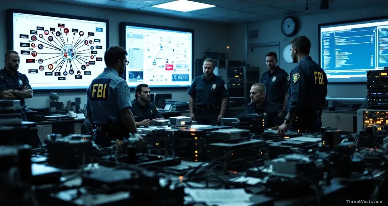 An FBI field office with law enforcement and cyber agents gathered around seized server equipment, network diagrams showing connections to targeted government a