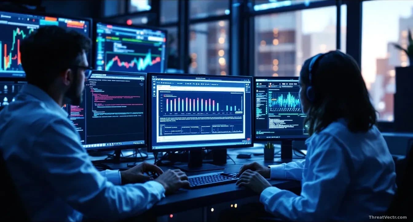 A cybersecurity research lab with AI security researchers reviewing benchmark test results on screens, showing an AI system successfully identifying and exploit