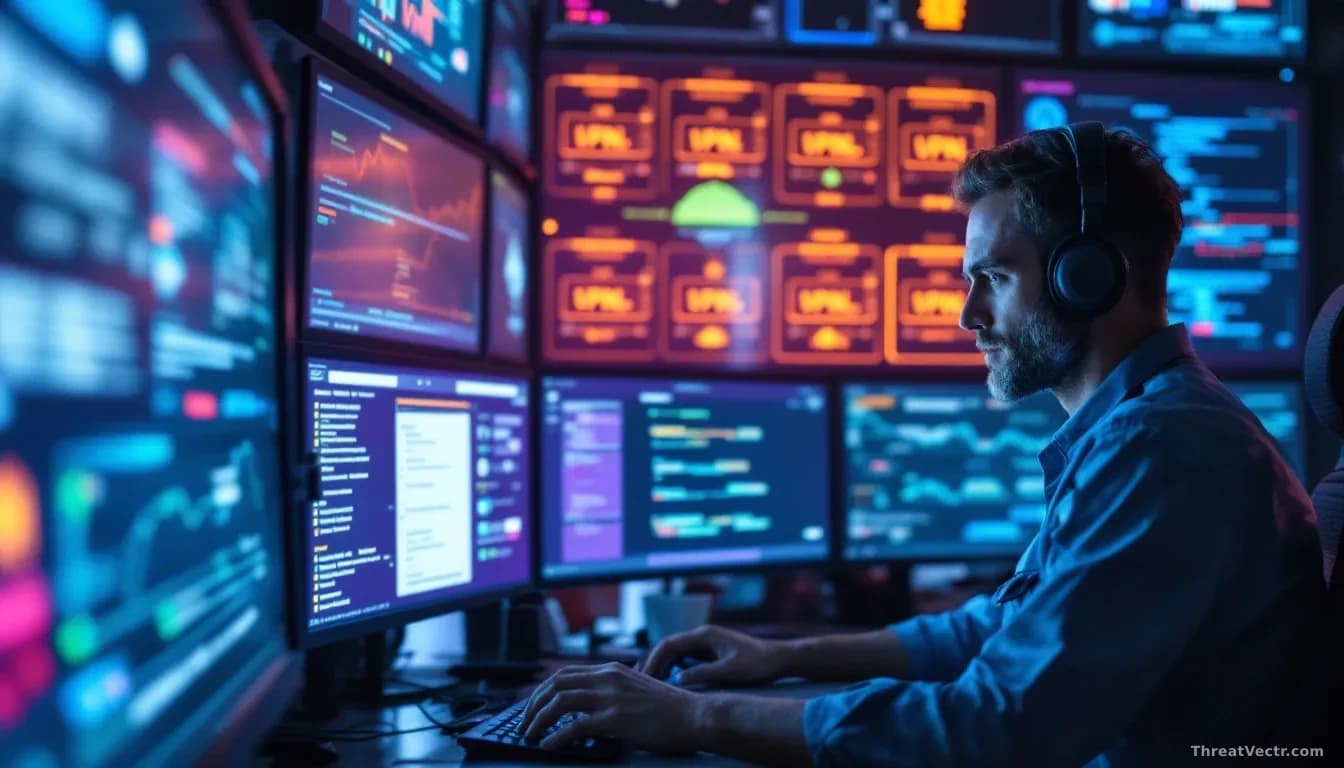 A network security technician working at a control station with VPN authentication systems displayed, emergency patches being deployed to remote-access boxes sh