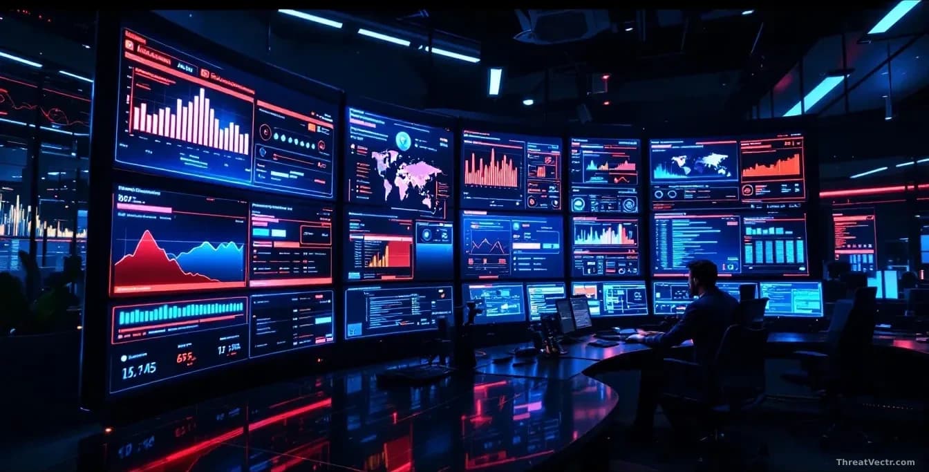 An enterprise security operations center with AI safeguard monitoring dashboards displayed prominently, showing real-time misuse detection alerts without exposi