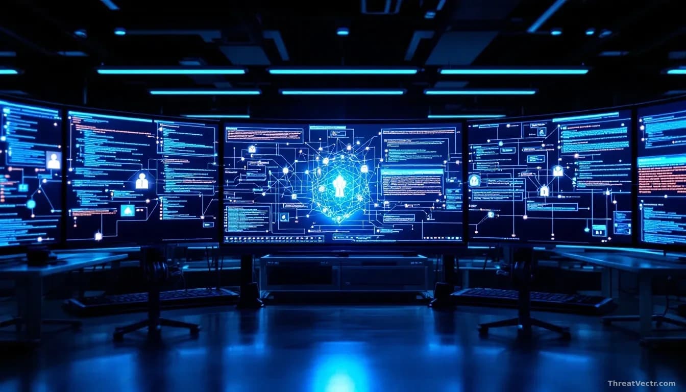A blockchain network visualization displayed across multiple monitors in a security research lab, with hidden command-and-control instructions embedded within t
