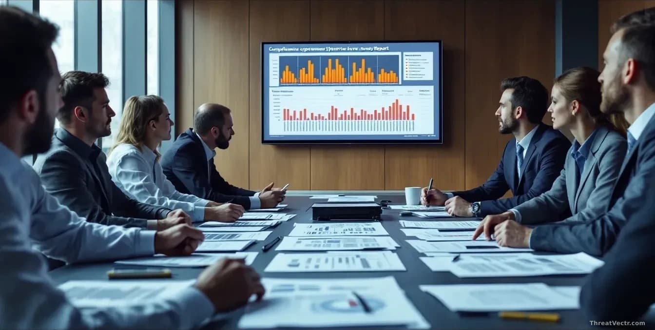A corporate boardroom with executives reviewing a comprehensive cybersecurity survey report on printed pages and screens, AI deployment timelines and security c