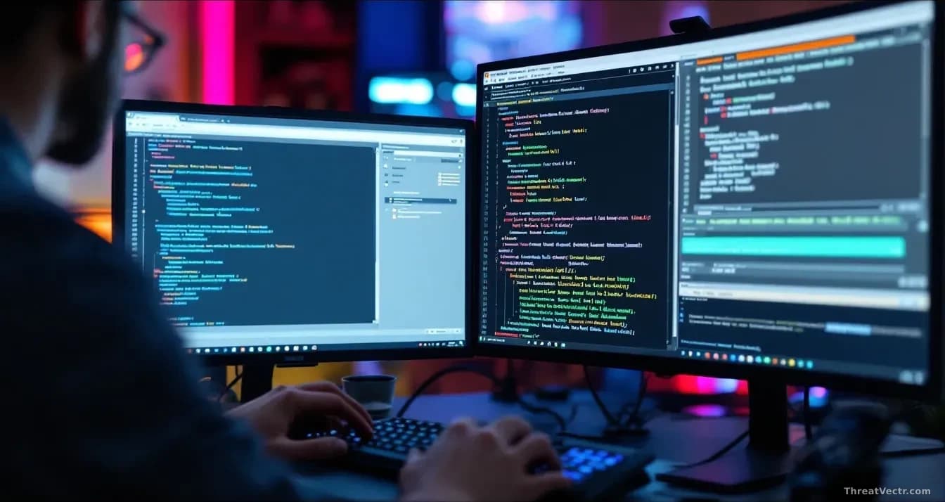 A cybersecurity analyst's workstation with multiple windows open showing file-transfer application code, vulnerability databases, and a functioning exploit code