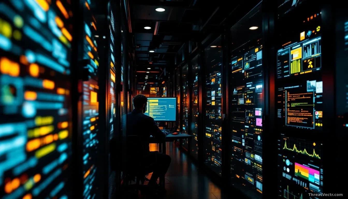 A data center in Amsterdam with server racks humming in dim lighting, forensic analysts working at stations reviewing stolen nuclear facility documentation disp