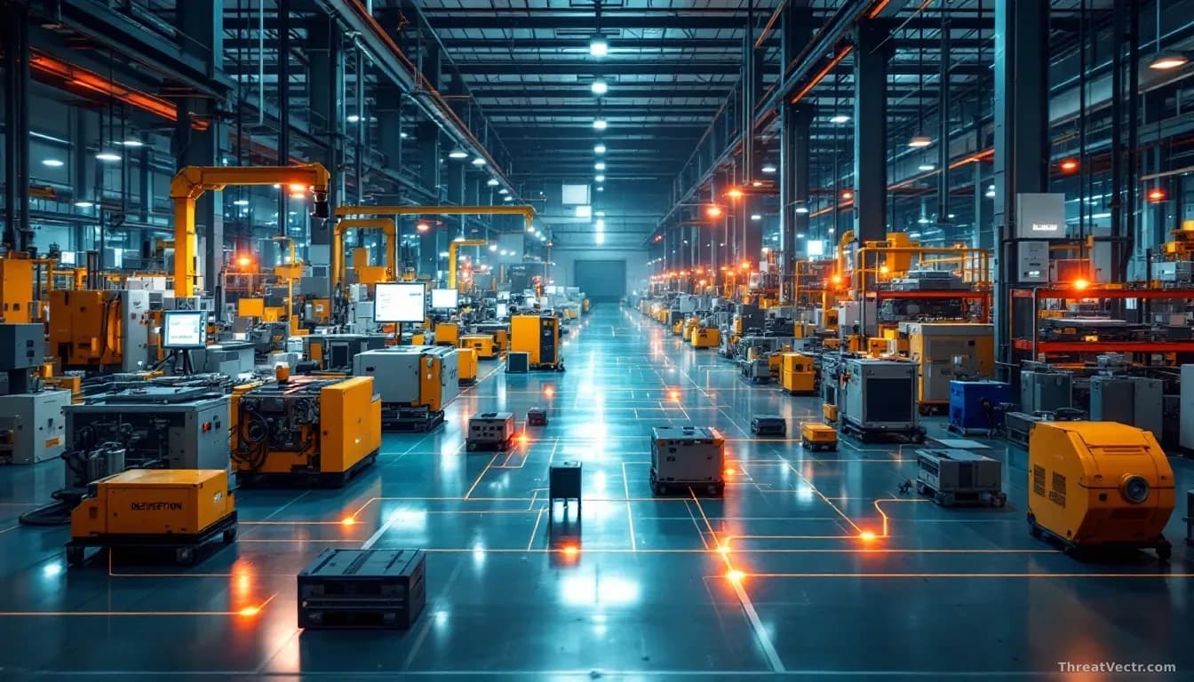 An industrial facility floor with manufacturing equipment and control systems, monitored by cameras and sensors, with a network diagram overlay showing deceptio