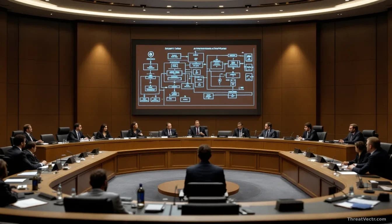 A legislative hearing room with security researchers and government officials seated at a curved table, discussing safeguards with AI system architecture diagra