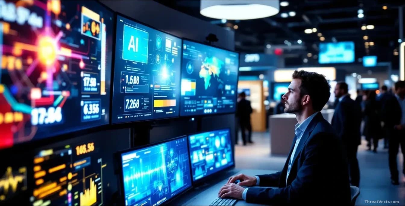 A security researcher examines multiple screens displaying AI threat patterns and attack visualizations at a cybersecurity conference floor, with other attendee