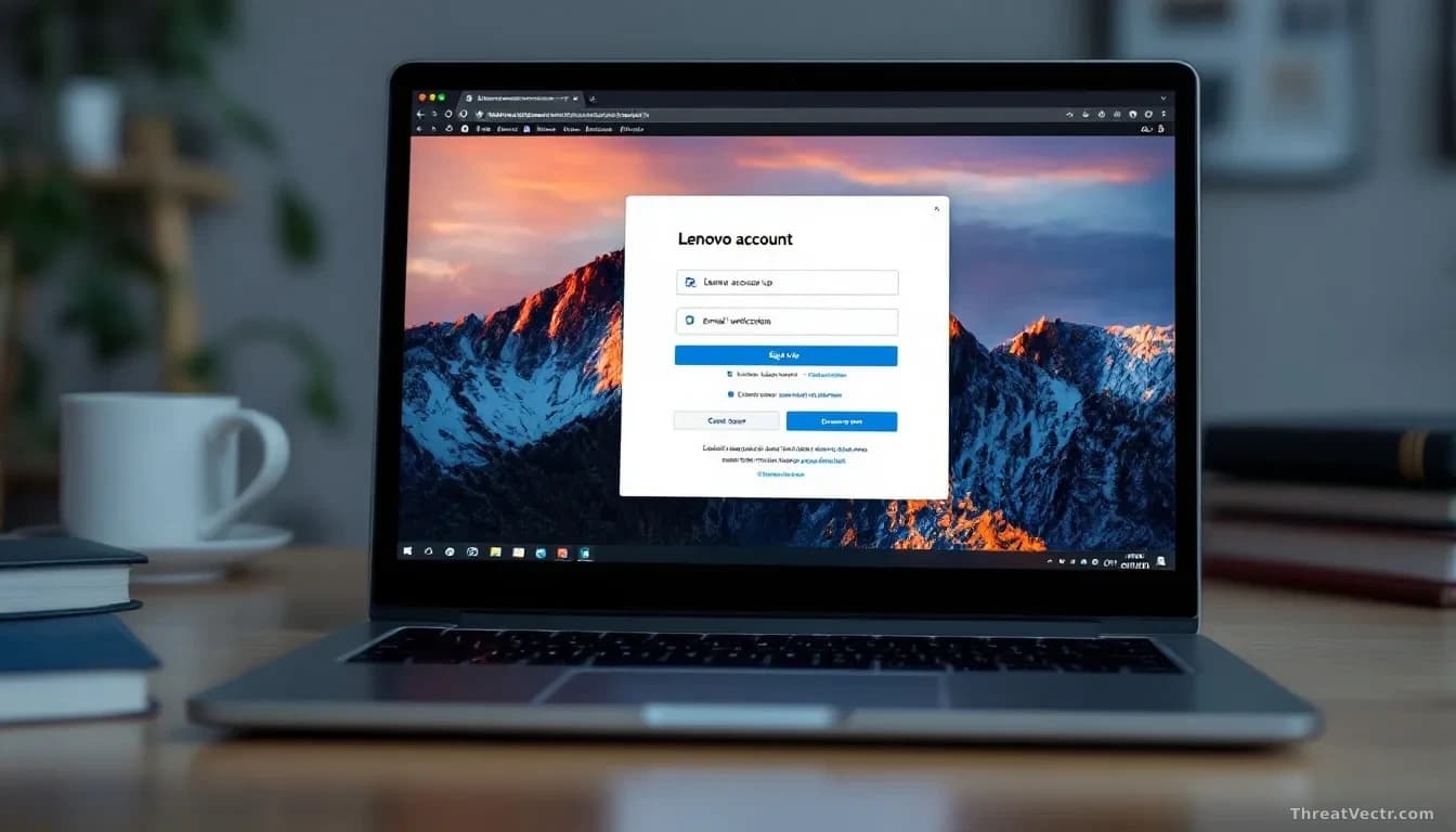 A laptop screen showing a Lenovo account signup page with email verification bypass, connected to a Dropbox login session being initiated without proper authent