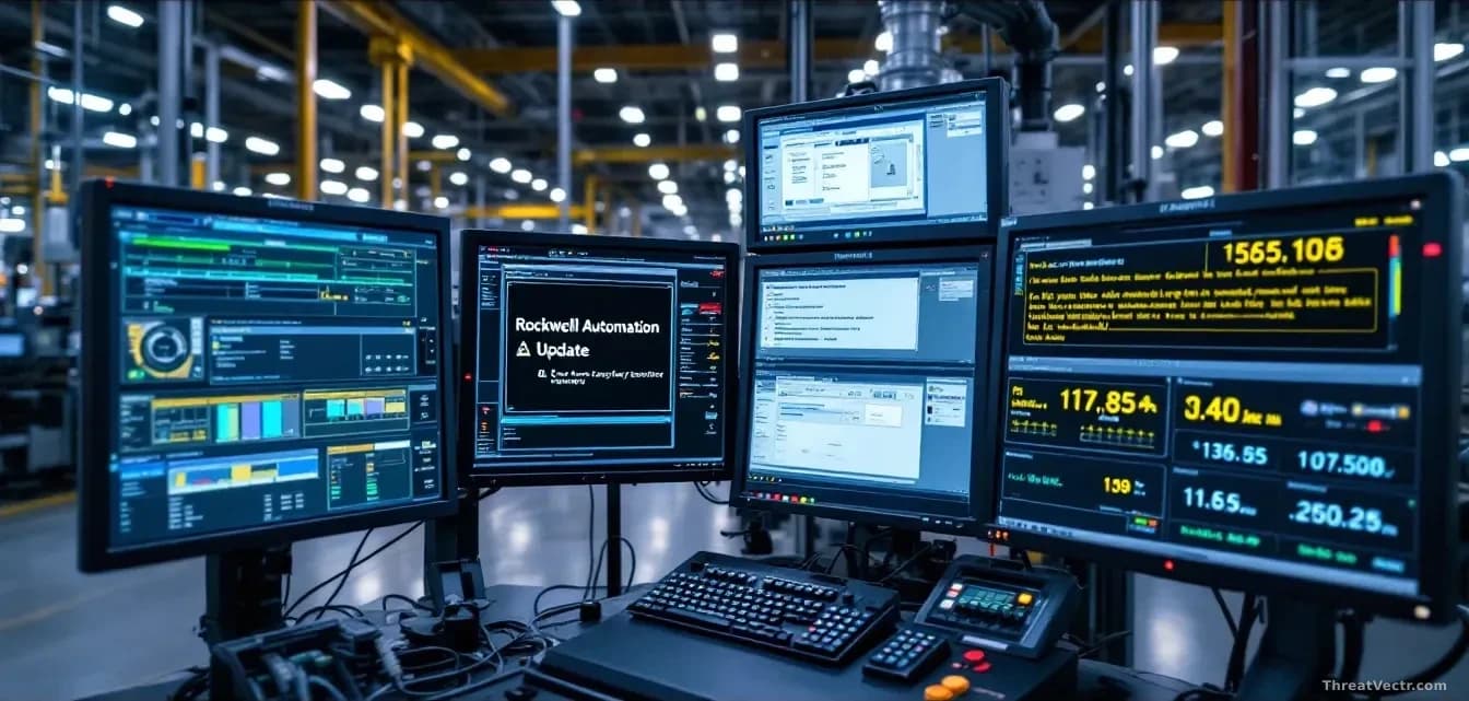 A manufacturing facility with industrial control systems and Rockwell Automation software displayed on control station monitors, with security update notificati