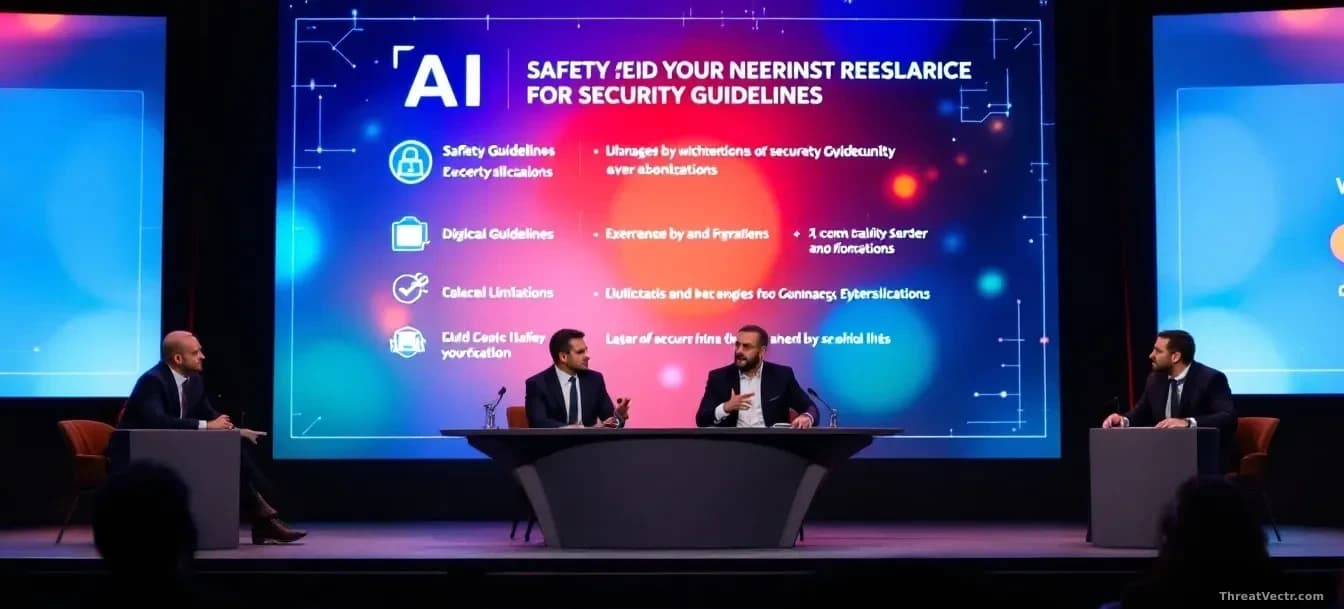 A Las Vegas conference panel stage with four cybersecurity experts at a discussion table, with AI safety guidelines and security limitations displayed on screen