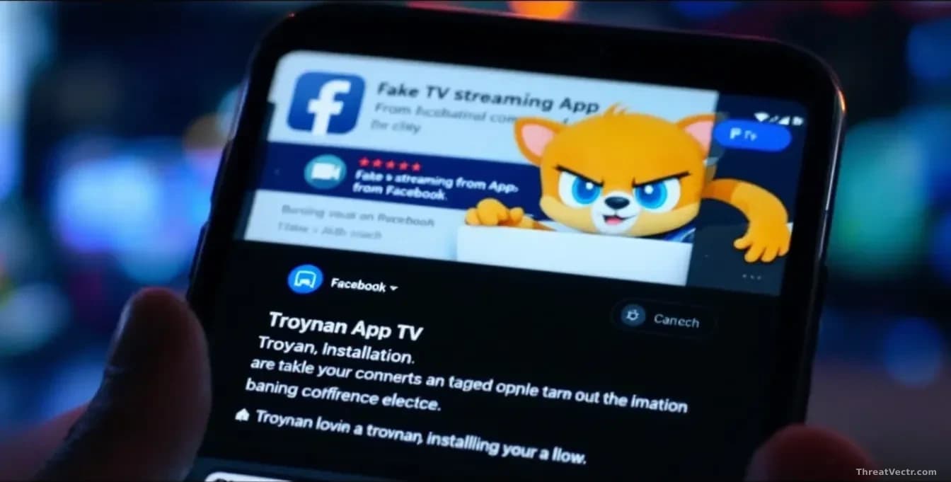 A smartphone screen displaying a fake TV streaming app advertisement from Facebook, with banking app icons visible and a trojan installation prompt in progress