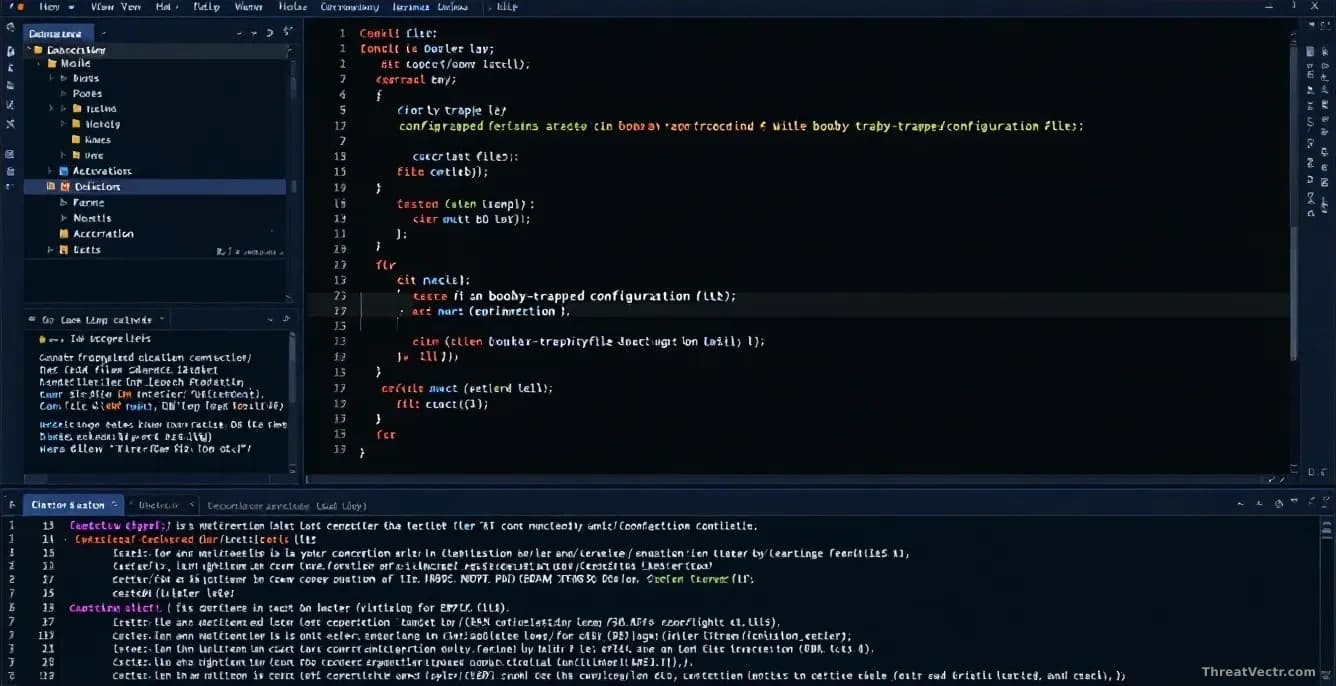 A developer's IDE showing a Git repository with booby-trapped configuration files, with command execution logs and security alerts appearing in the terminal bel