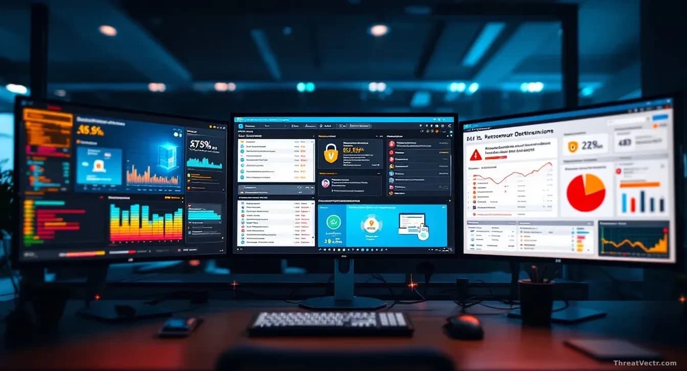 An MSP's operations center displaying backup systems, antivirus consoles, and ransomware detection tools all monitored simultaneously with a checklist overlay v