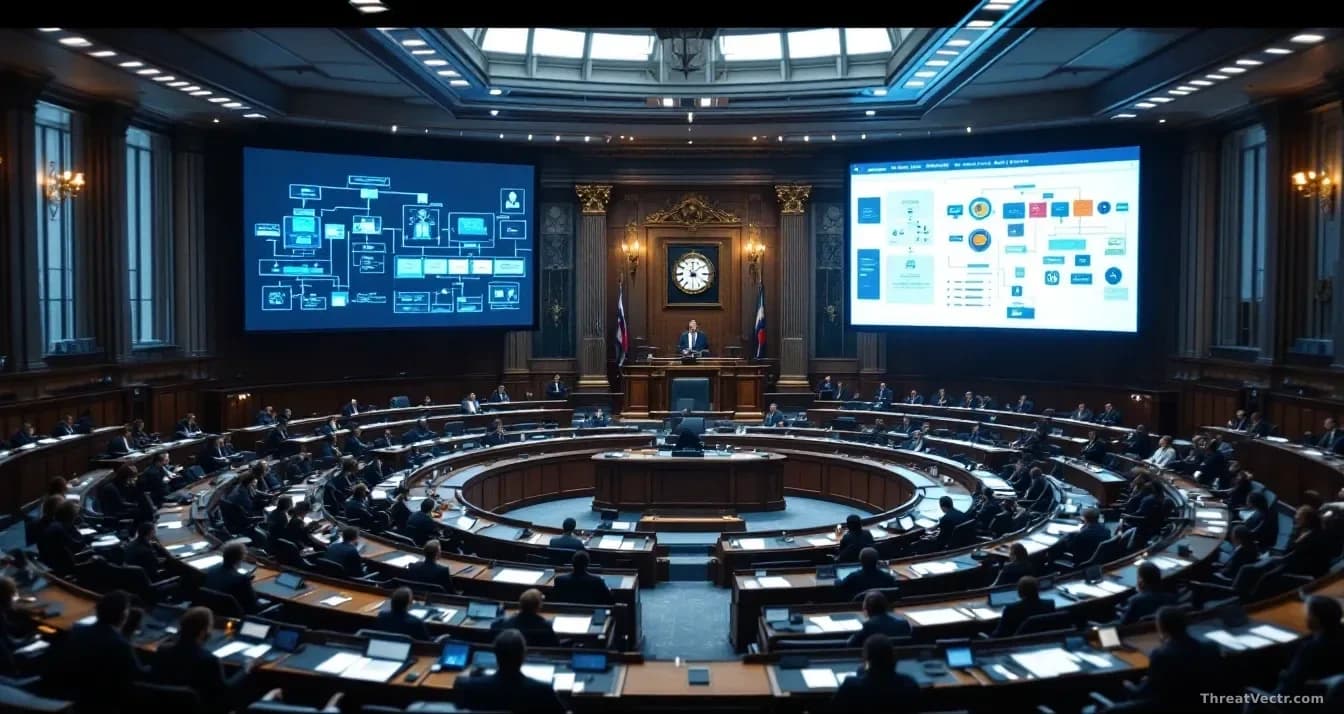 A UK government policy document or legislative chamber setting with cybersecurity infrastructure and technology supply chain diagrams displayed on screens behin