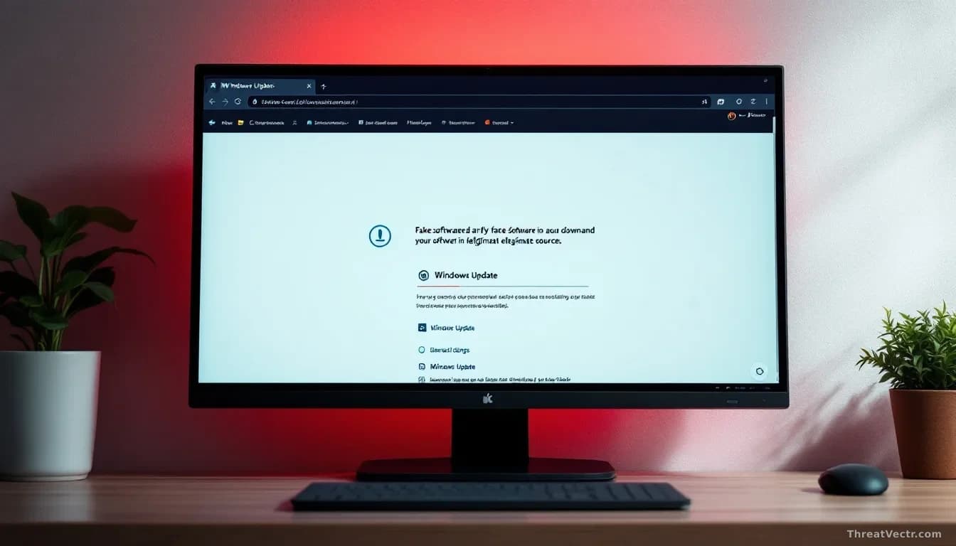 A computer screen showing a fake software download webpage that mimics legitimate sources, with Windows Update settings disabled in the system tray