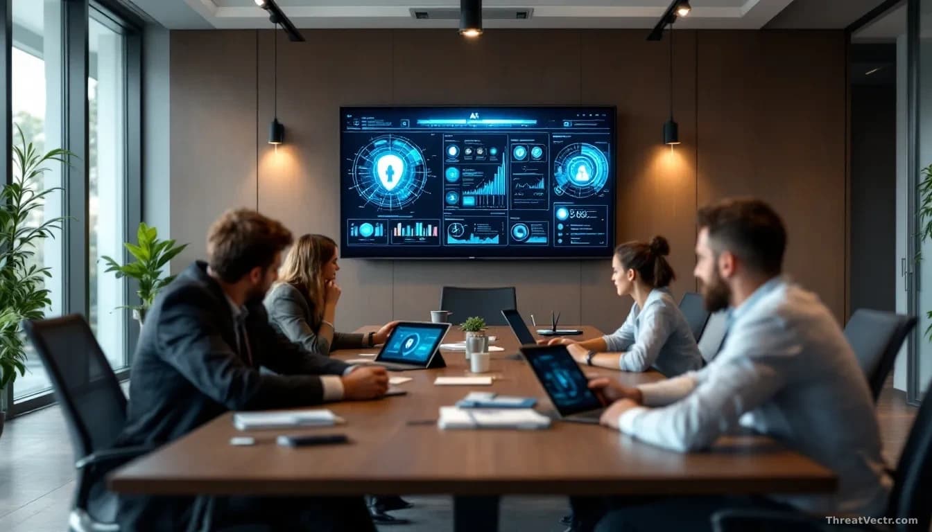 A corporate conference room with security professionals from different organizations gathered around a table reviewing AI security tool demonstrations on laptop