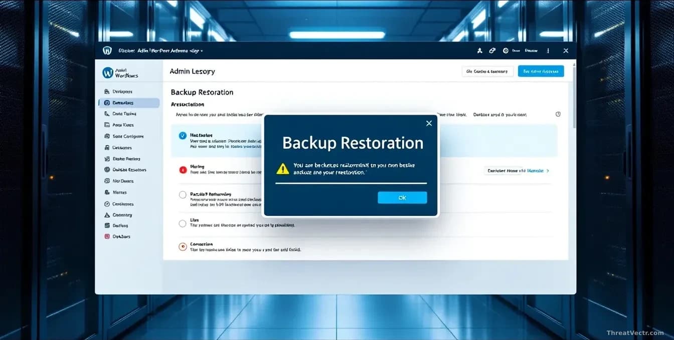 A WordPress admin dashboard with a backup restoration dialog box highlighted, surrounded by warning indicators and database server racks in the background