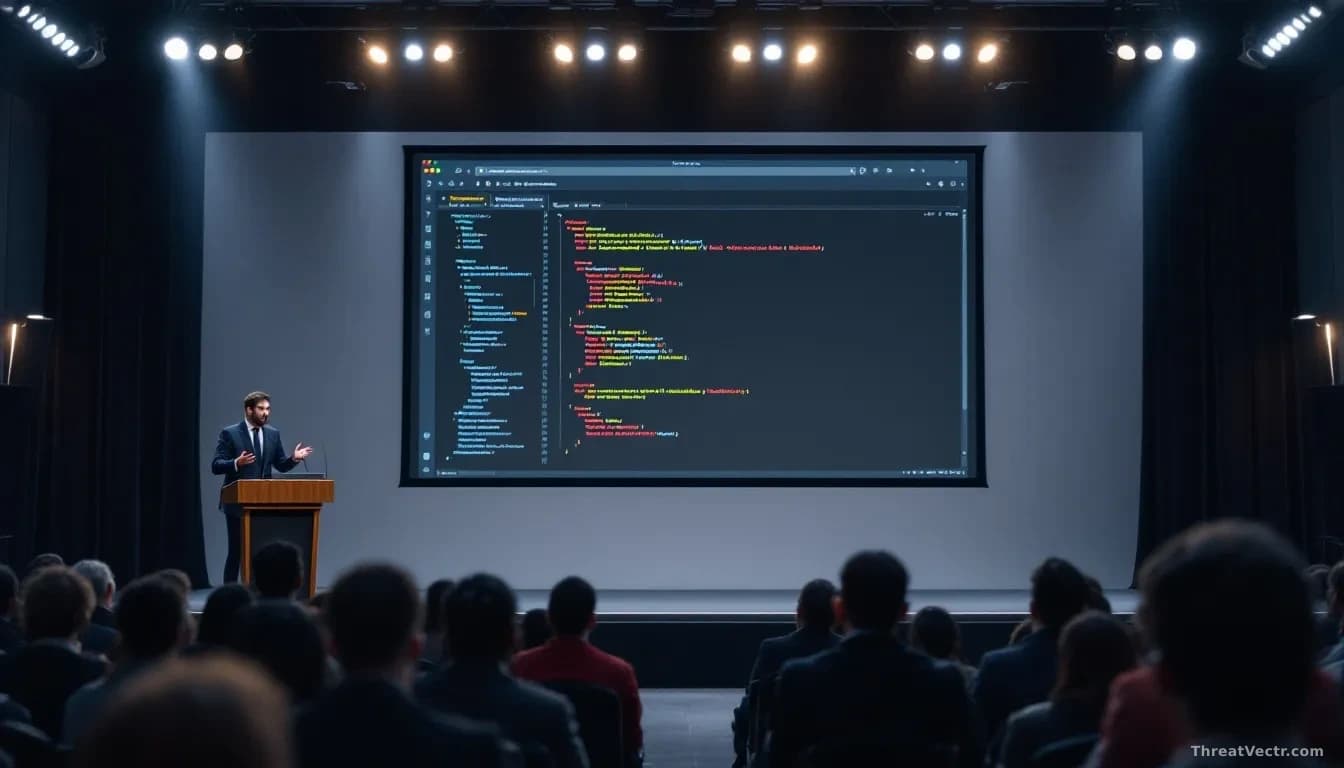 A conference stage presentation setup with a podium facing rows of security professionals, demonstrating attack methodologies with code and terminal windows vis