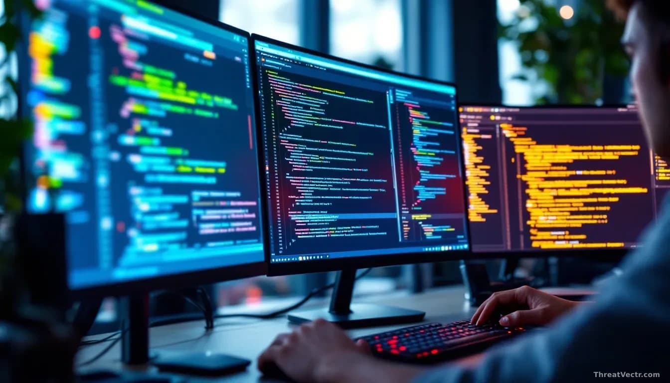 A software developer's workstation with multiple monitors displaying code repositories and vulnerability scanning tools, with notification alerts cascading acro