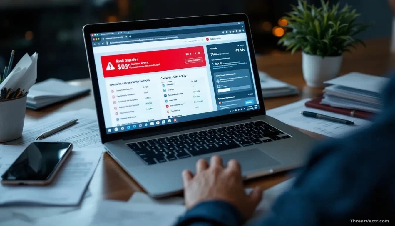 A laptop screen displays a bank transfer interface with concerning activity alerts, surrounded by scattered documents and a mobile phone showing suspicious acco