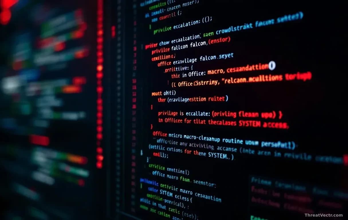 A Windows system command prompt displaying privilege escalation exploit code executing, CrowdStrike Falcon Sensor components visible in the process list, the Of
