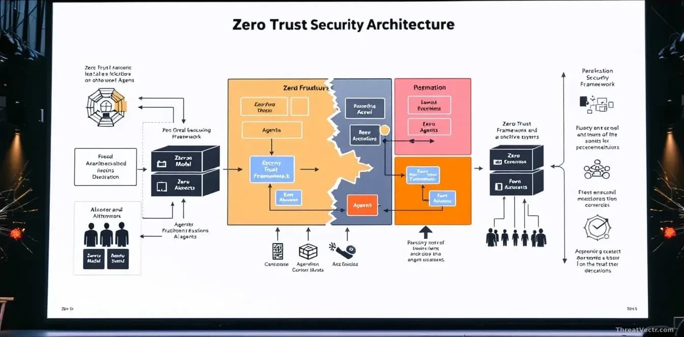 A security architecture diagram on a large display showing zero trust framework structures being dismantled and bypassed by autonomous AI agents, traditional se