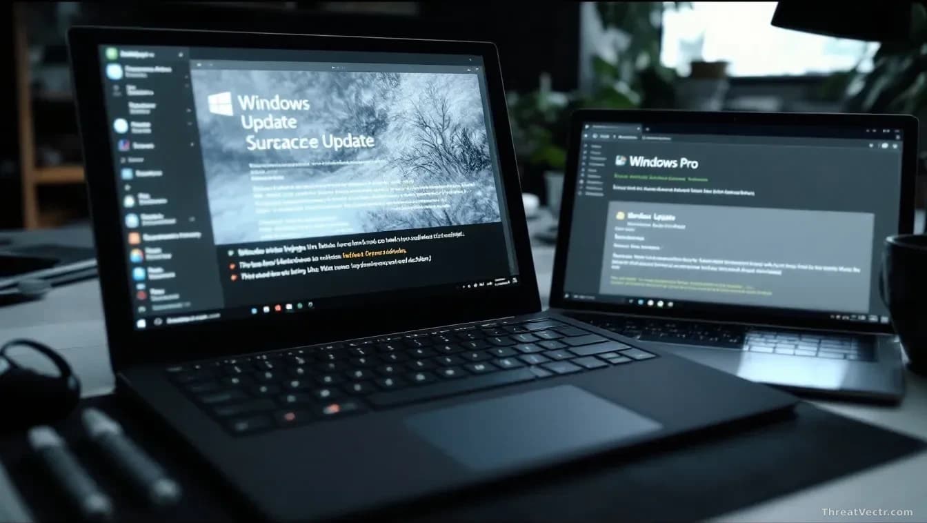 Close-up of Surface Pro and Surface Laptop devices on a desk with error screens frozen on display, Windows Update notification visible, frustration evident thro