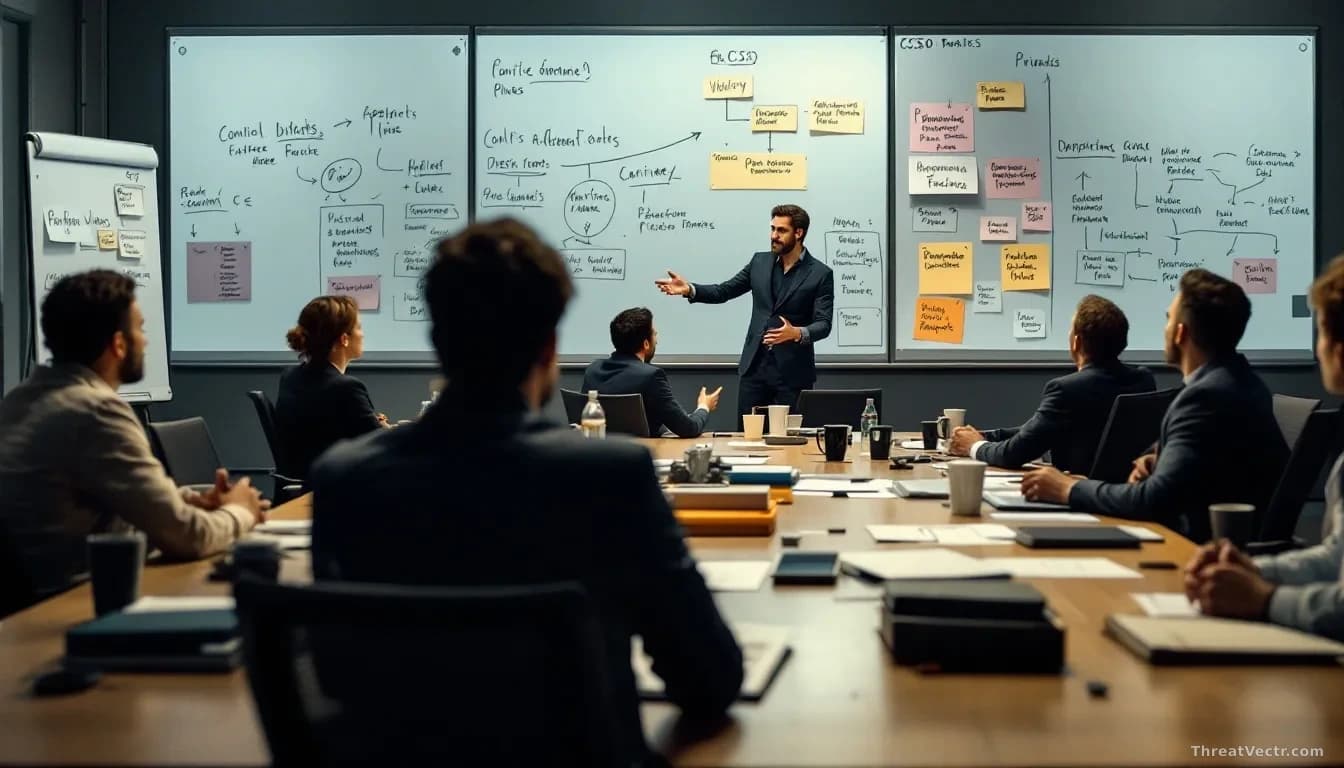 A conference room where a CISO leads a complex meeting with stakeholders from multiple departments, whiteboards showing overlapping responsibilities and competi