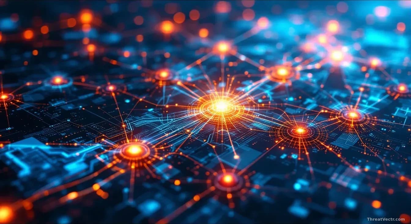 A corporate network map with AI-driven attack pathways spreading rapidly through nodes in real-time, system compromises represented as cascading failures compre