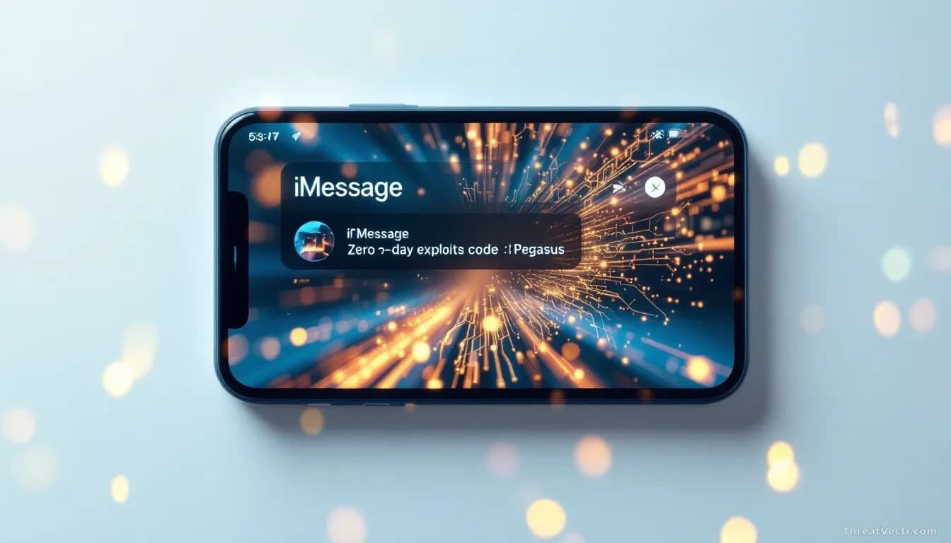 A smartphone screen with iMessage notification active, zero-day exploit code invisibly deploying across the interface, Pegasus spyware installation represented