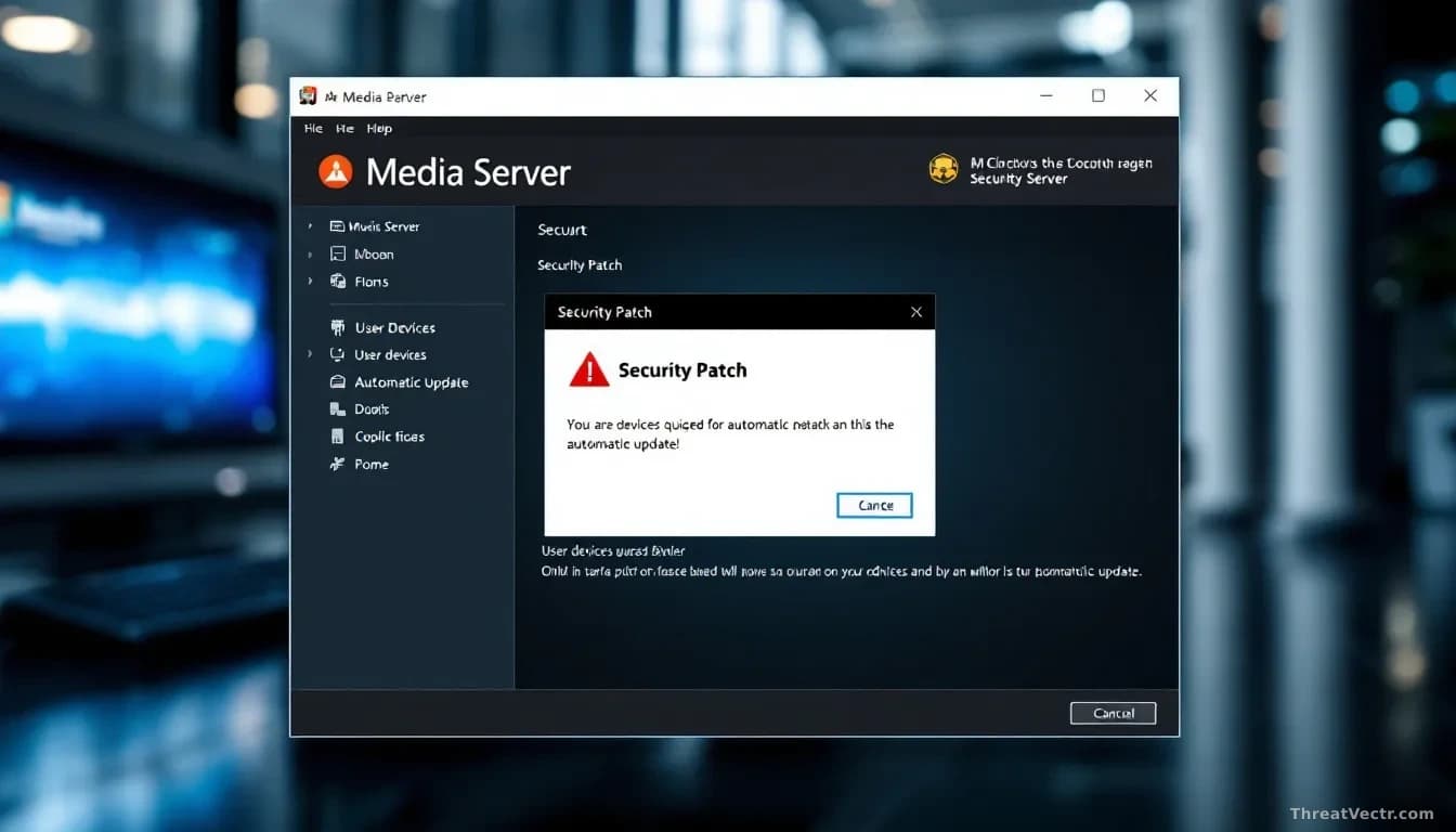 A media server application window with security patch dialog prominently displayed, urgent notification banner across the top, user devices queued for automatic
