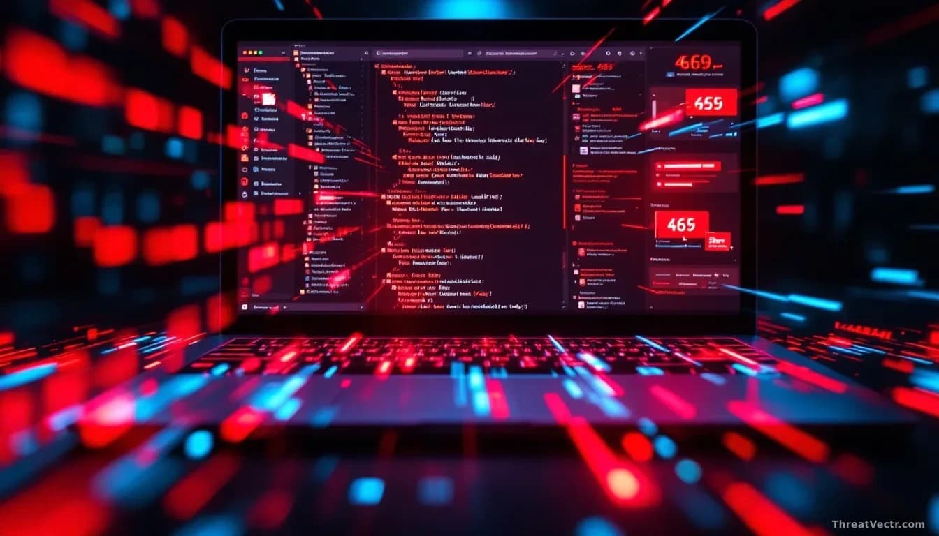 A developer's machine with folder structure expanding across the screen, credential stealer malware scanning through 469 different storage locations simultaneou