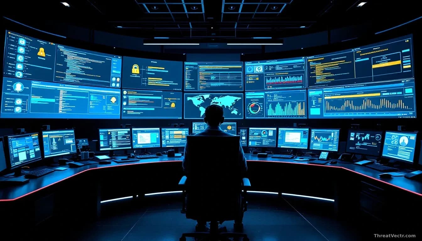 A network security operations center with multiple analysts monitoring AI agent activities on wraparound displays, permission trees and malicious instruction de