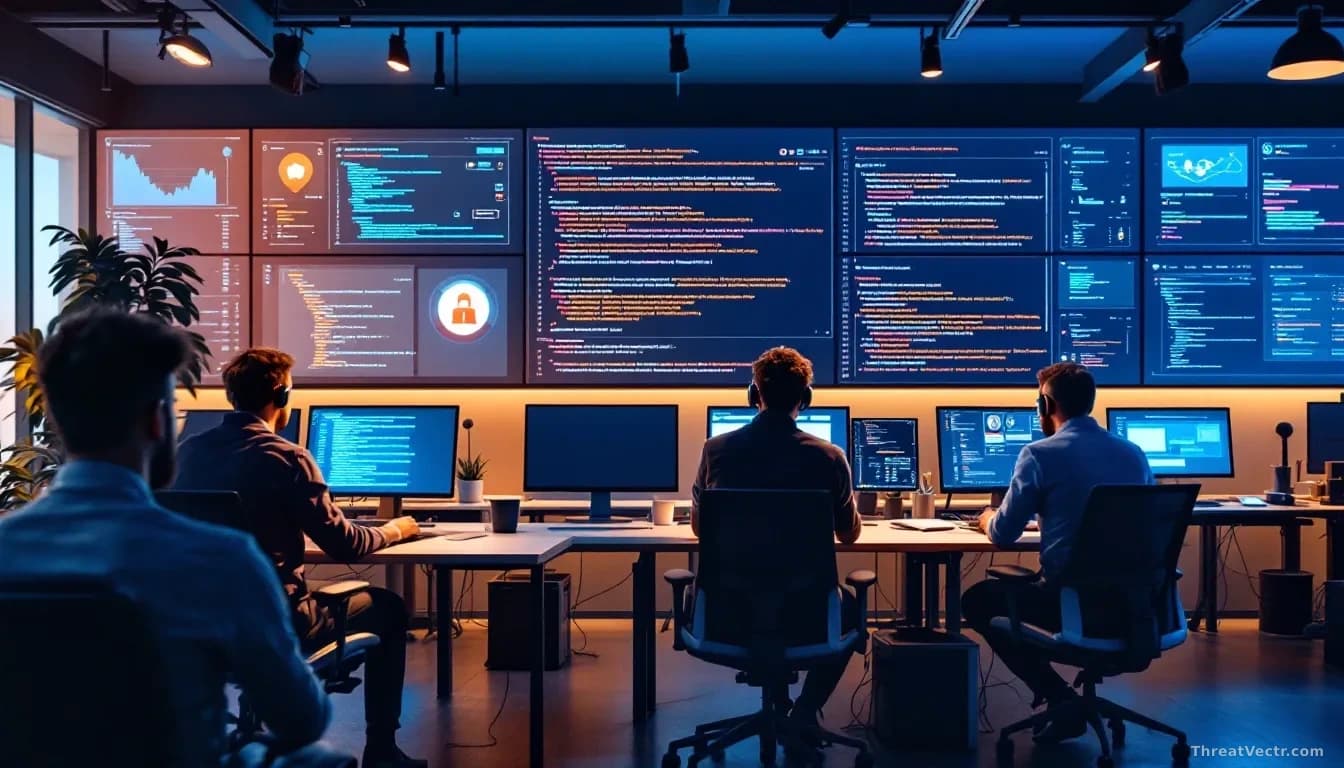 A modern tech company office space with engineers working at collaborative stations, AI agent code running on large wall-mounted displays showing autonomous cod