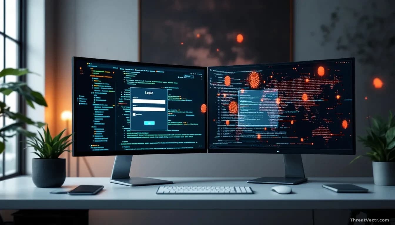 A dual-monitor workstation displaying a compromised login session on one screen and an infostealer malware interface on the other, digital fingerprints and sess