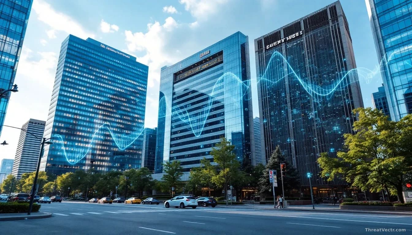 International government building facades and modern office headquarters photographed from street level, with subtle encryption symbols and quantum wave visuali