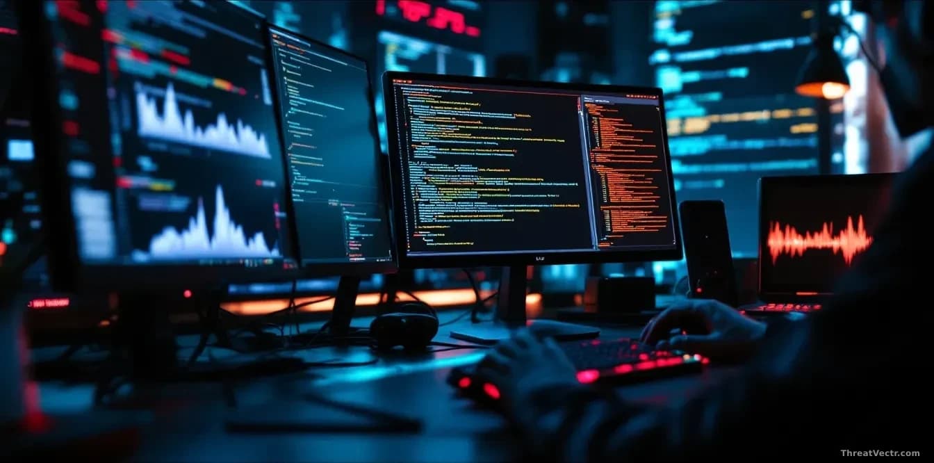 A hacker's workspace with multiple monitors showing file upload interfaces and server command lines, a PHP code snippet visible on one screen, malicious activit