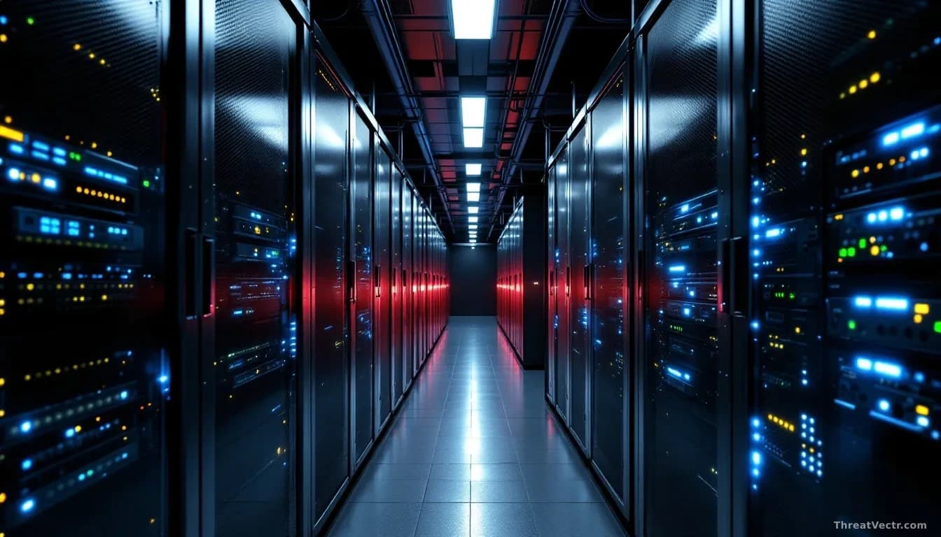 Data center corridor with rows of server racks, several racks marked with dark status lights while others remain illuminated, cables and infrastructure filling