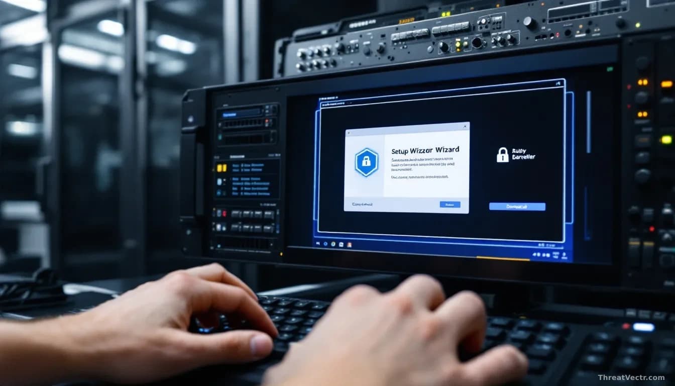 An industrial server being installed with its setup wizard displayed on a nearby console, a hand reaching toward the keyboard, security barrier icon shown disab