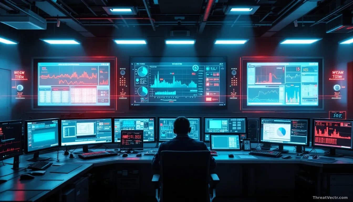 An industrial control room with SCADA systems and power grid monitoring displays, overlaid session token streams with weak encryption indicators highlighted in