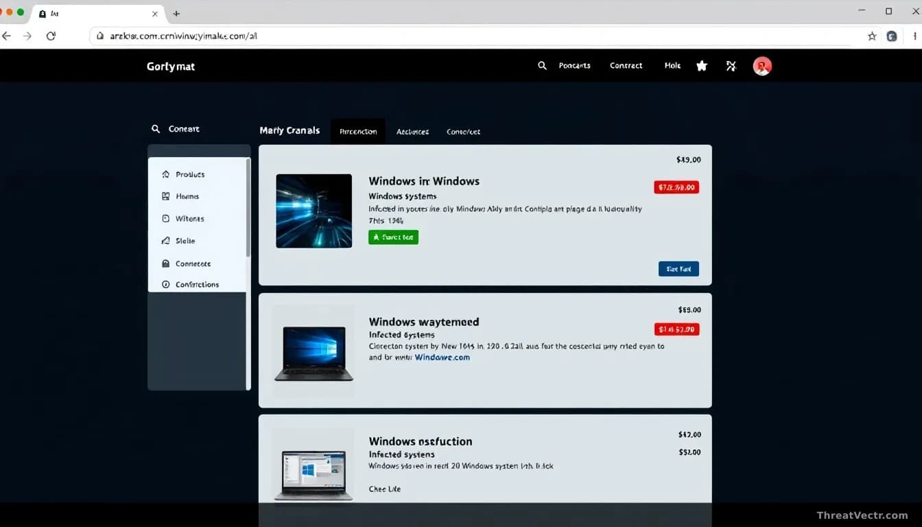 A criminal marketplace interface displayed on dark web browser, infected Windows systems listed as products with pricing and specifications, transaction confirm