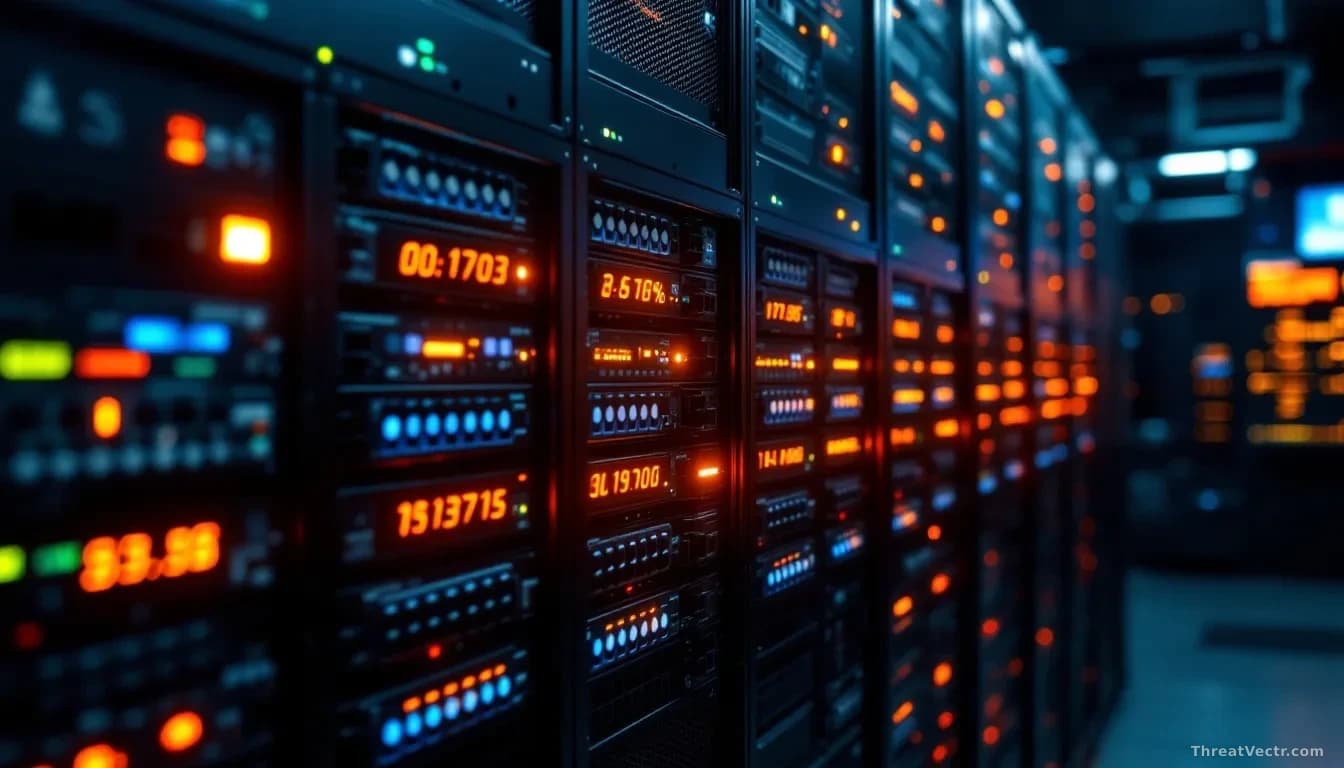 A Cisco Nexus switch rack glowing with network activity indicators, critical warning messages displayed on adjacent monitoring station screens showing code exec