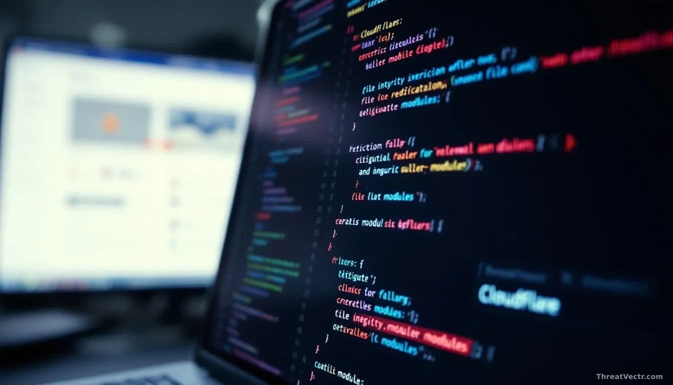 A developer's screen showing a code repository with file integrity verification failing, malicious code highlighted in red among legitimate modules, Cloudflare