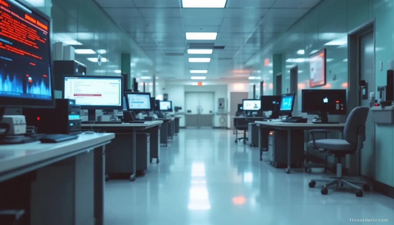 A hospital corridor with patient records visible on computer terminals, security breach warning notifications flashing across monitors, representing unauthorize