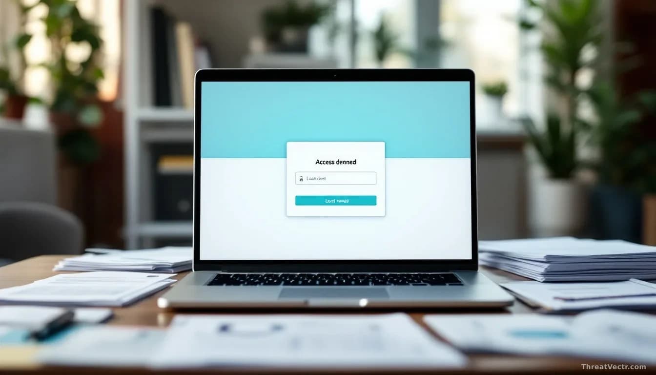 A home office desk with personal documents and medical records scattered around a laptop displaying a locked Canva account login screen with an access denied me
